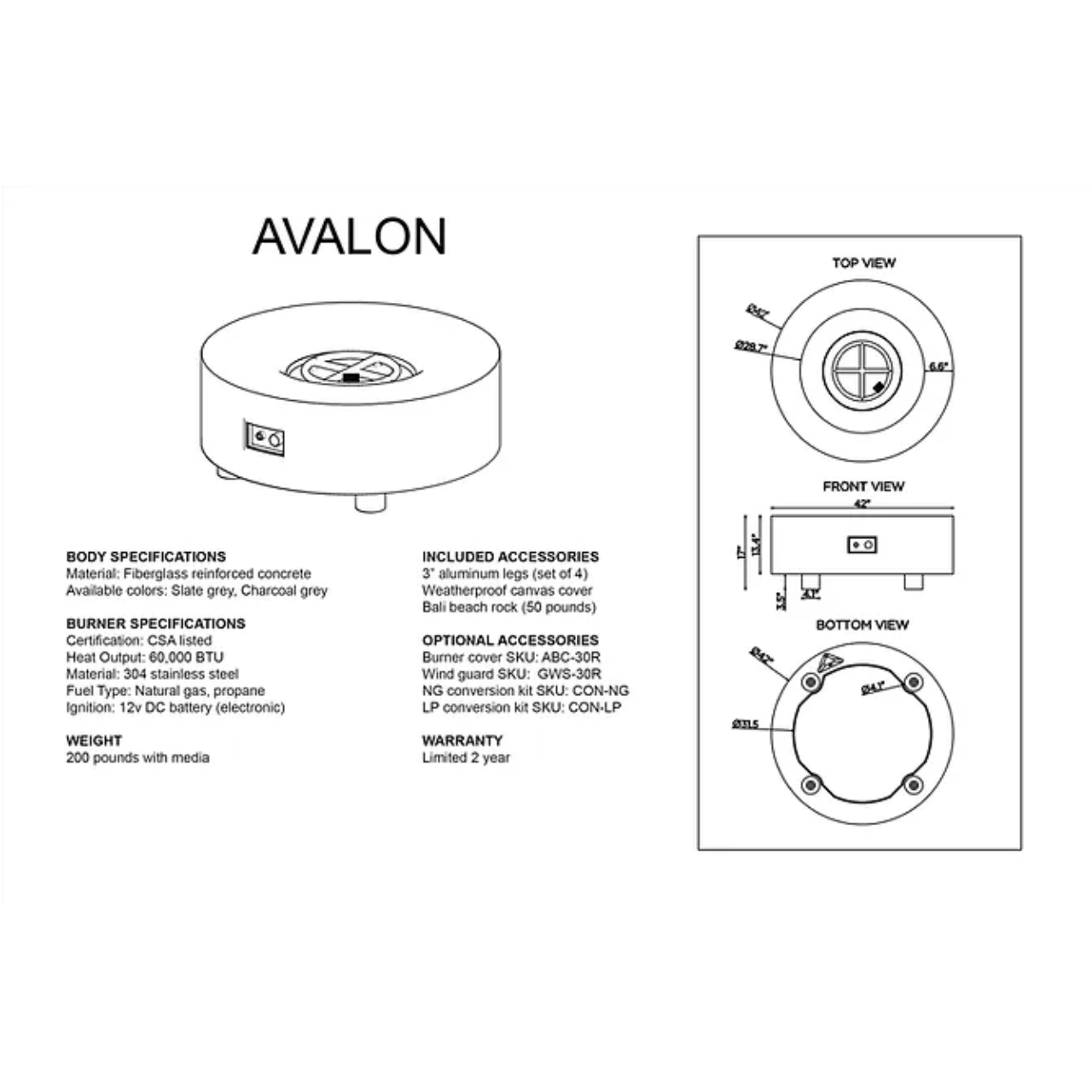Avalon Spec Sheet