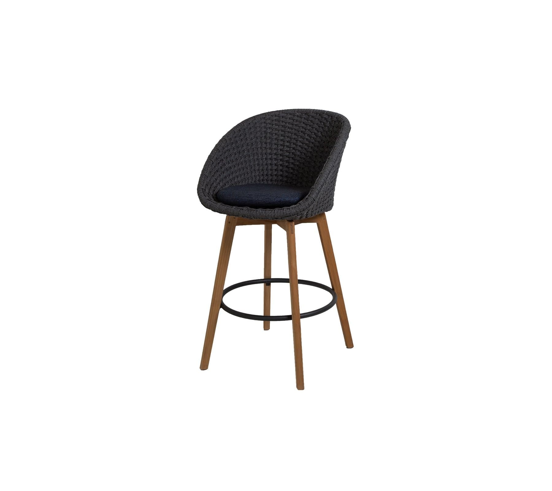Boxhill's Peacock dark grey outdoor bar chair with teak legs with dark blue cushion on white background