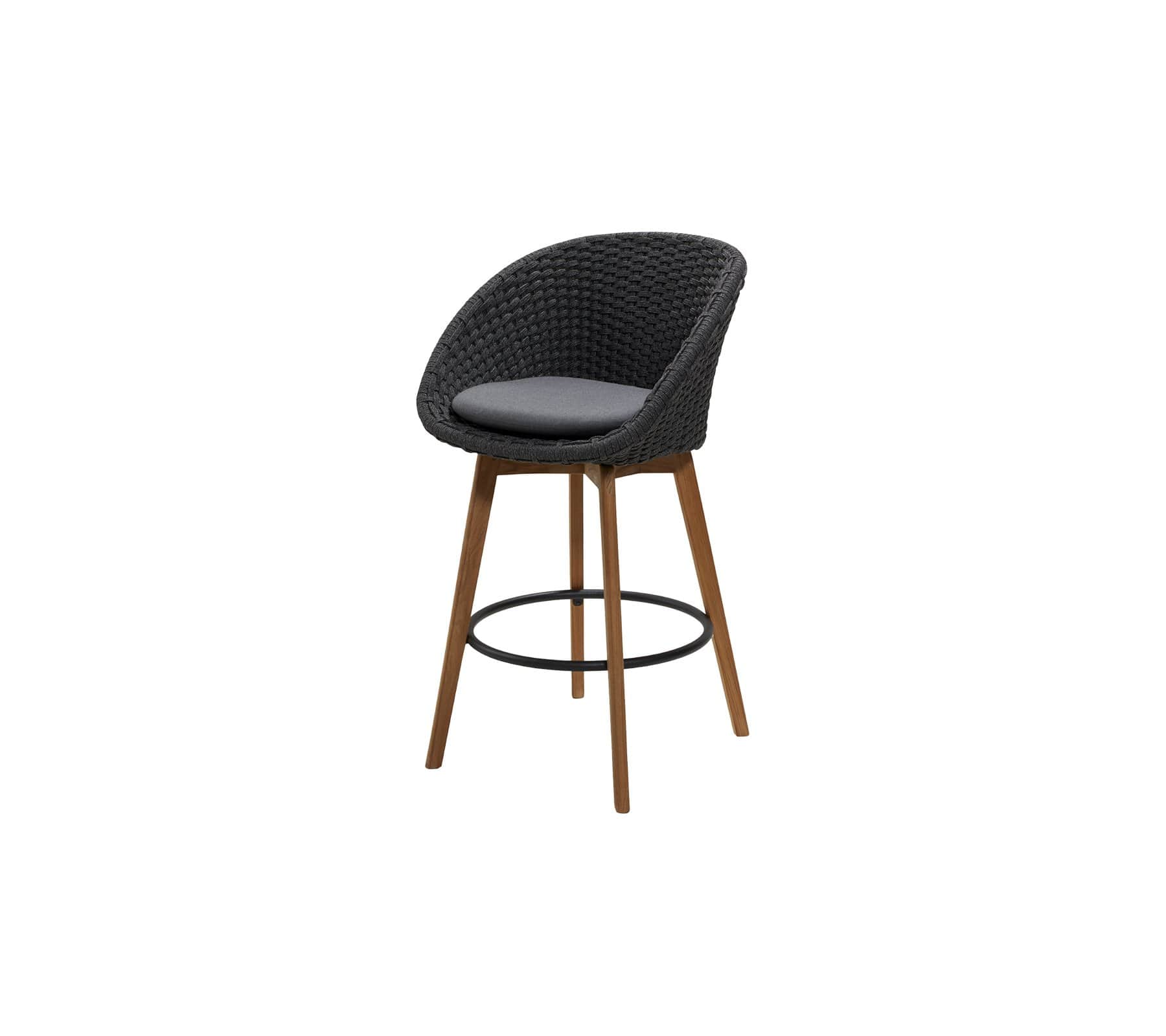 Boxhill's Peacock dark grey outdoor bar chair with teak legs with grey cushion on white background