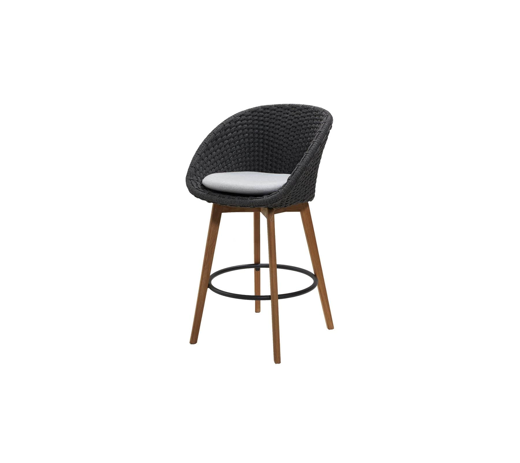 Boxhill's Peacock dark grey outdoor bar chair with teak legs with white cushion on white background