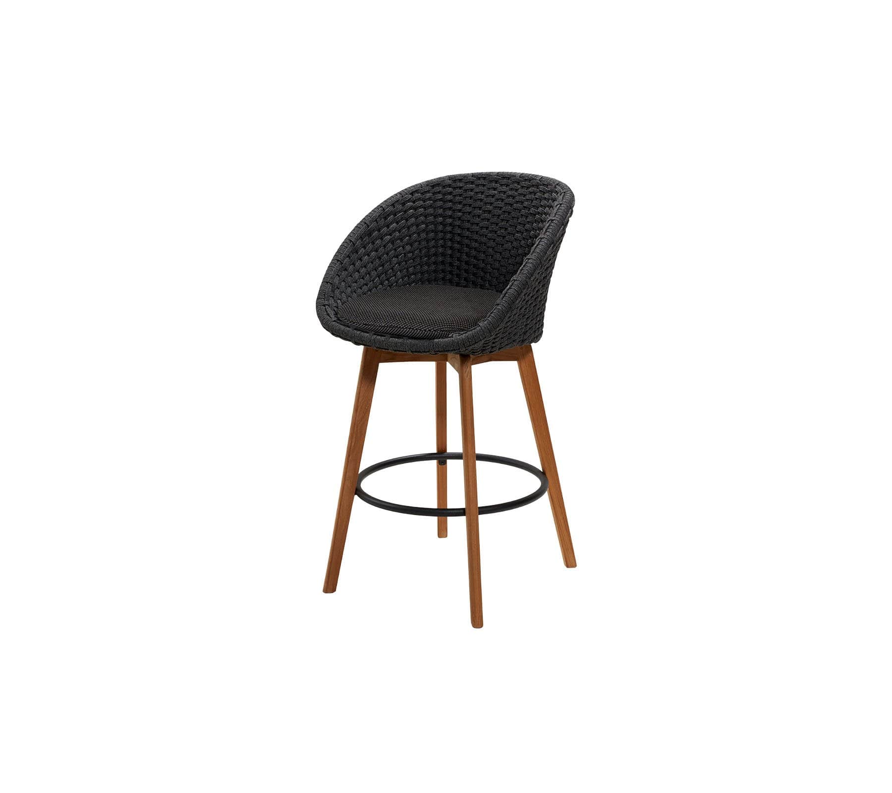 Boxhill's Peacock dark grey outdoor bar chair with teak legs with black cushion on white background