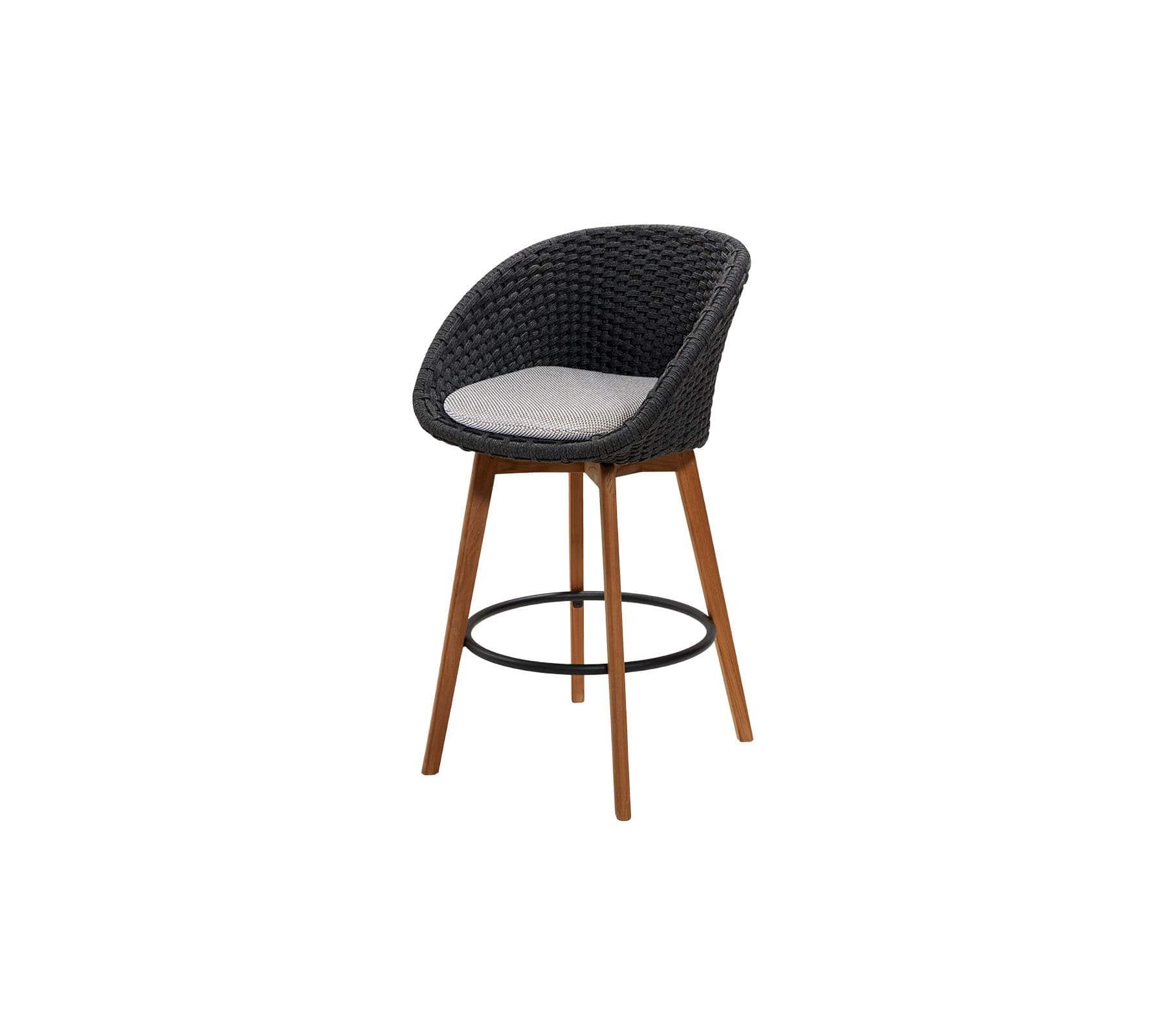 Boxhill's Peacock dark grey outdoor bar chair with teak legs with white grey cushion on white background