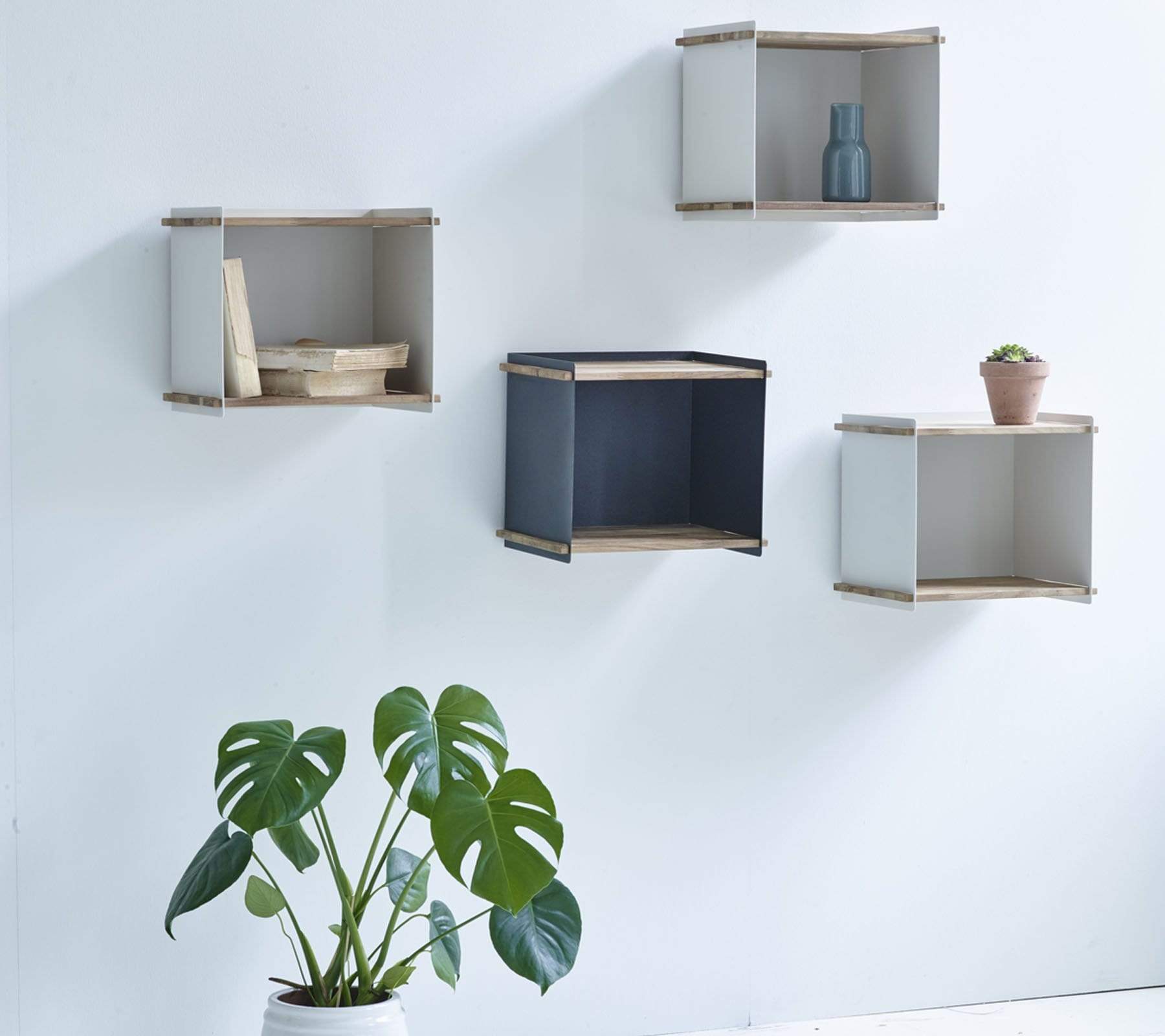  Boxhill's blue / white Wall-mounted Teak Wood Square Shelves mounted on white wall and plants in a white planter
