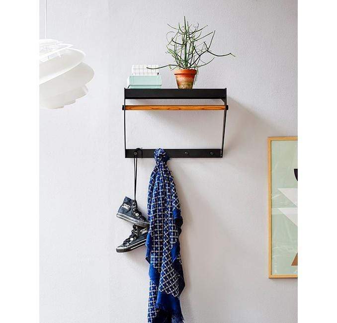Boxhill's Copenhagen City Rack Teak/Lava Grey lifestyle image with a pair of shoes and blue checkered fabric hanging